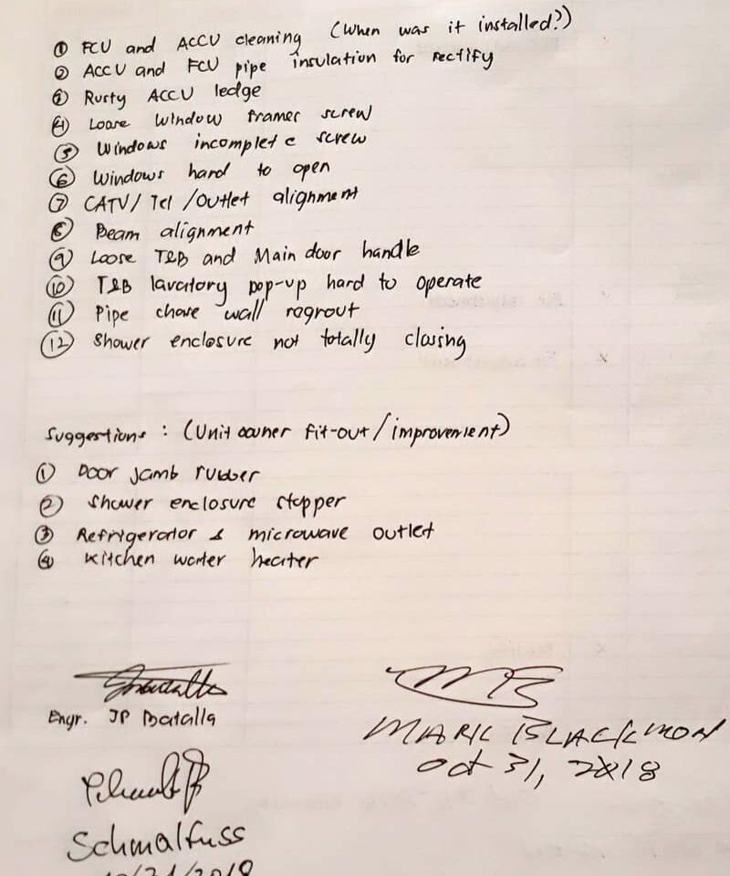 Log of the apartment handover turnover condominium