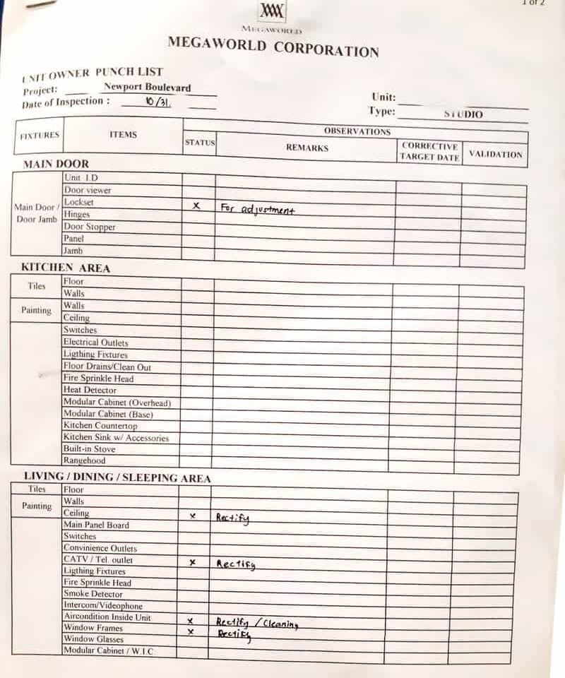 Log of the apartment handover turnover condominium