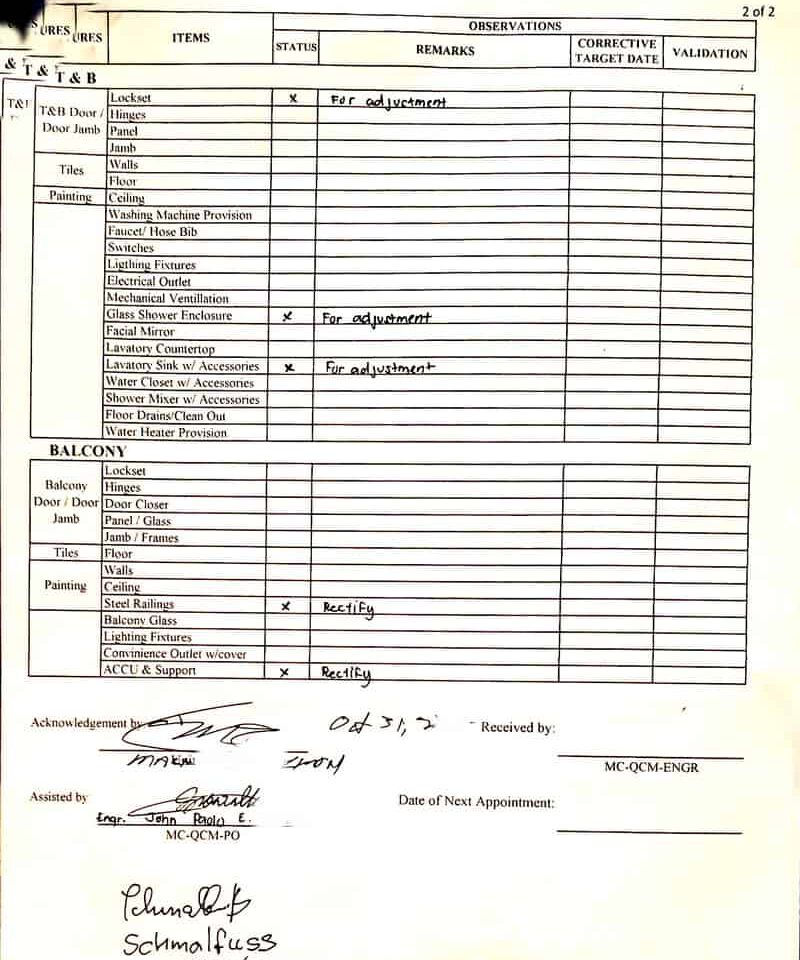 Log of the apartment handover turnover condominium