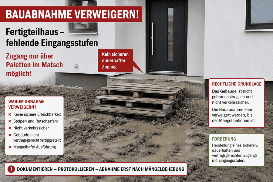 Abnahme verweigert – Fehlende Eingangsstufen am Fertighaus