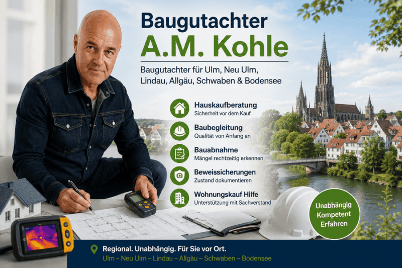 Baugutachter Ulm & Neu Ulm Schwaben für Hauskaufberatung, Baubegleitung, Bauabnahme, Beweissicherungen, Checkliste zum Wohnungskauf, Schimmelgutachten Energieberatung