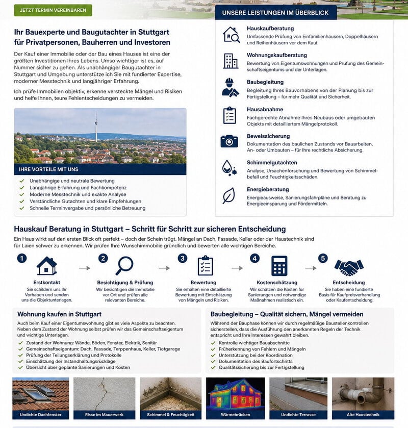 Baugutachter Stuttgart – Hauskaufberatung, Wohnungskaufberatung & Baubegleitung, Wasserschaden, Sanierungsfahrplan